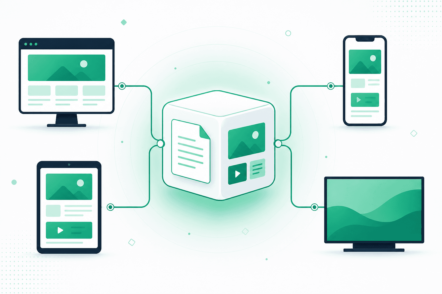 Headless CMS Architektur: zentraler Content-Hub liefert Inhalte per API an Website, App, Tablet und Displays